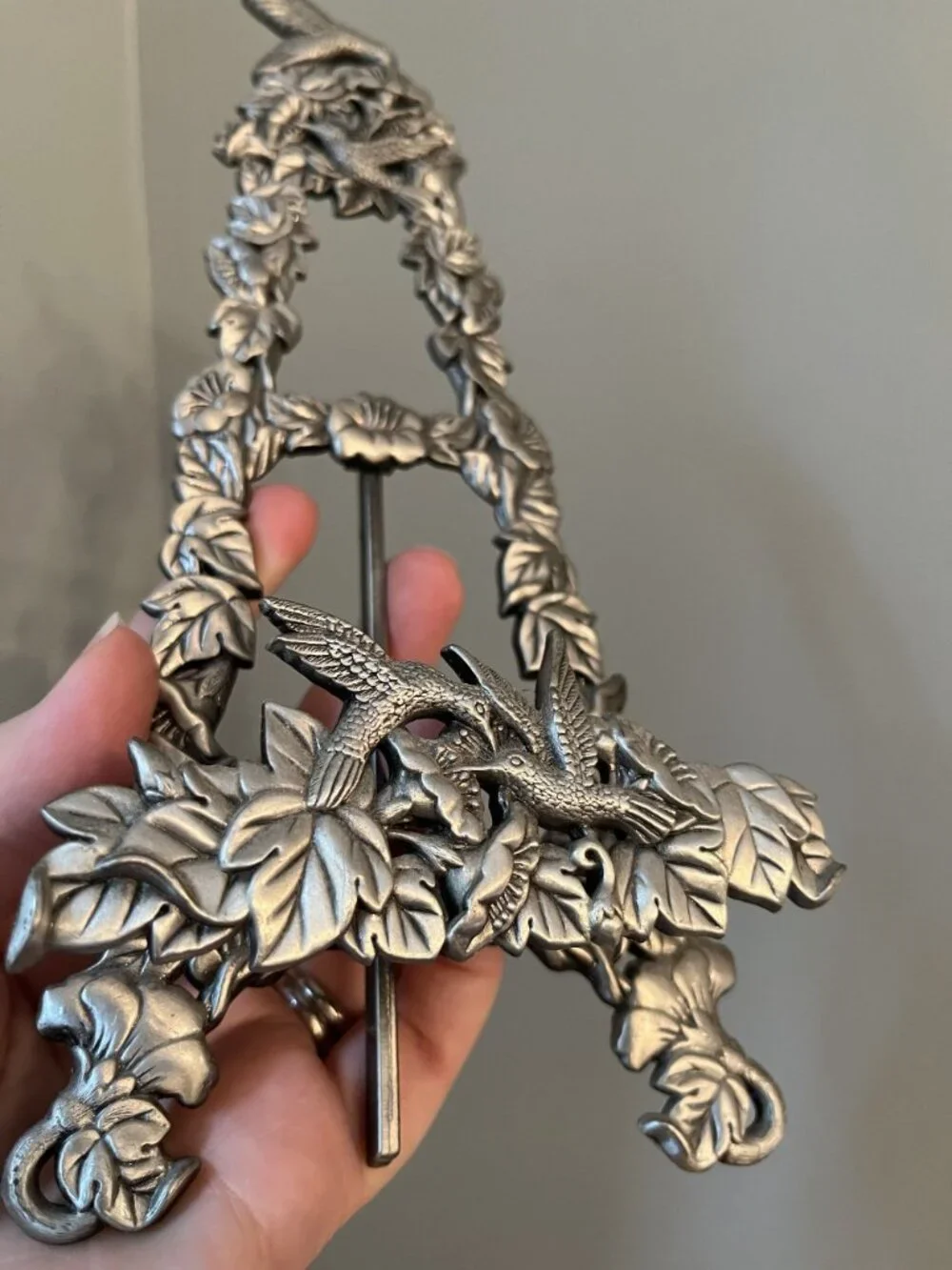 Art Nouveau Hummingbird & Floral Pewter Tone Decorative Easel Stand For Photos O